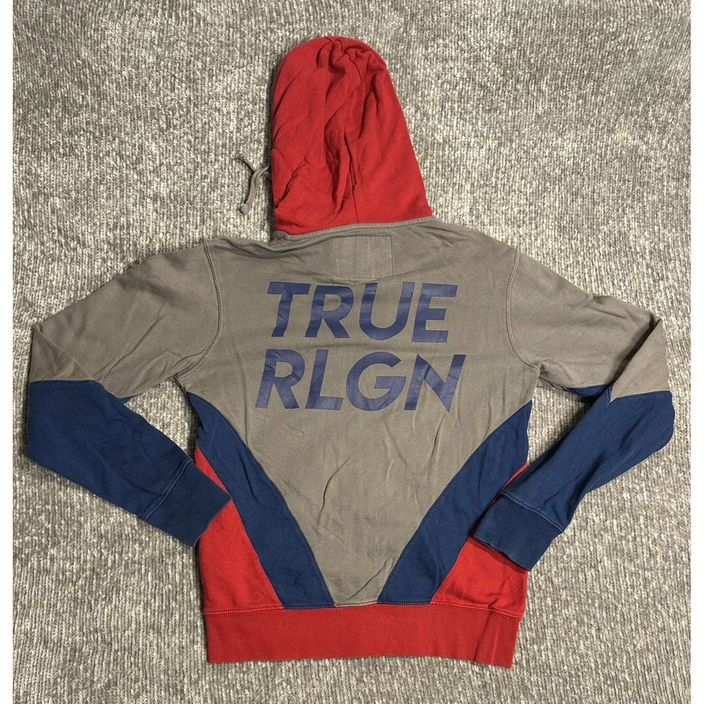 True Religion Hoodie Mens M Gray Red Blue Zip Up Chevron Panel Sweatshirt